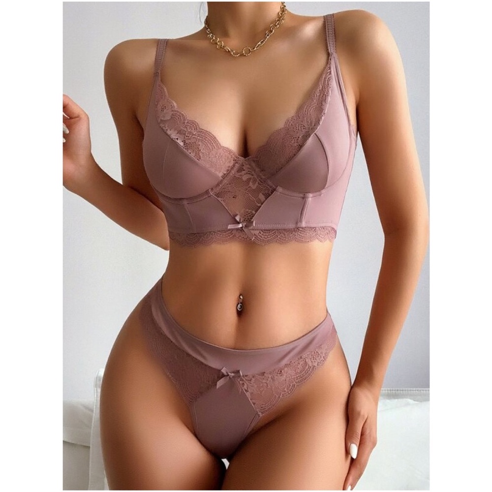 Cream Floral Lace Thong Lingerie Set Sexy Pajamas - Picture 8 of 11